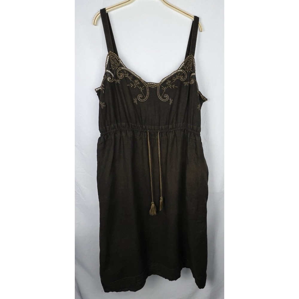 J.CREW‎ Brown 100% Linen Embroidered Slip Dress Women 16 Boho Peasant Pockets